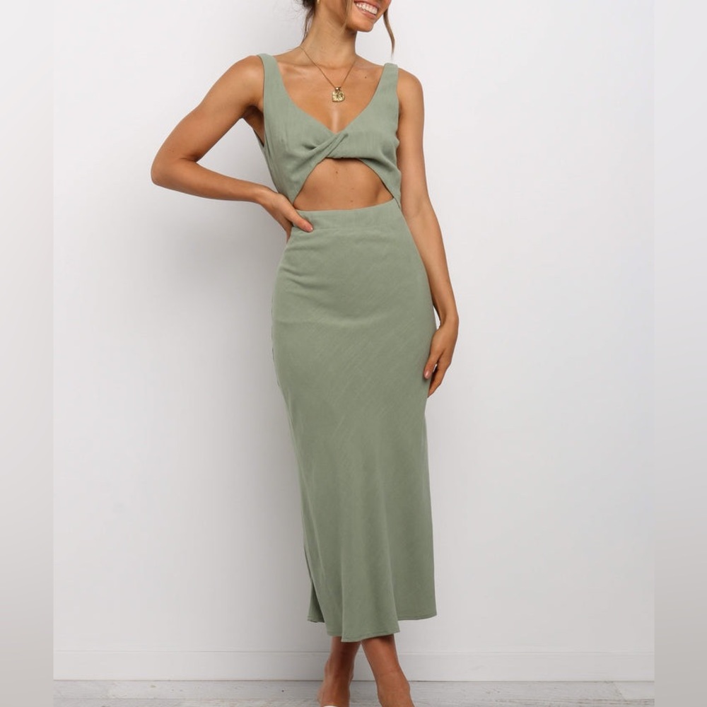 Petal & Pup Sage Green Midi Dress with Cutout